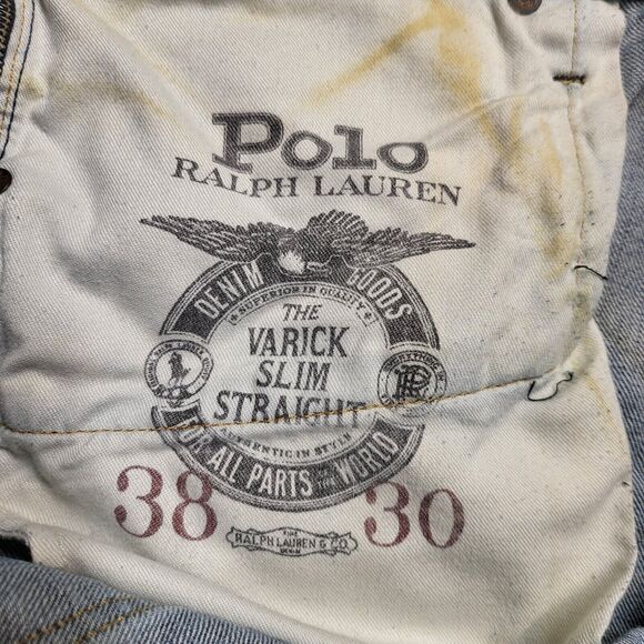 Polo Ralph Lauren Jean Mens 36x30 Blue Varick Slim Straight Distressed Denim - Picture 4 of 11
